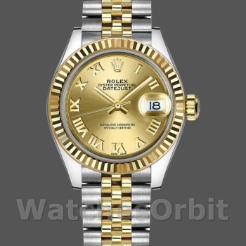 Replica Rolex Datejust-279173 da donna, 28 mm, Champagne, quadrante con numeri romani, lunetta scanalata, Lady Champagne