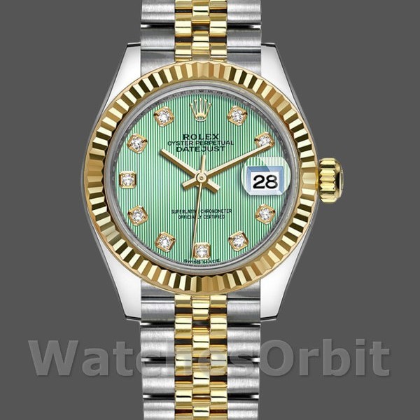 Replica Rolex Datejust-279173 da donna, 28 mm, quadrante verde con diamanti, lunetta scanalata, Lady Green