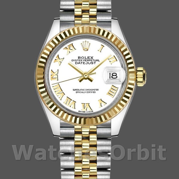 Replica Rolex Datejust-279173 da donna, 28 mm, quadrante bianco con numeri romani, lunetta scanalata, Lady White
