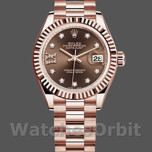 Replica Rolex Datejust-279175 da donna, 28 mm, quadrante cioccolato con diamanti, lunetta scanalata, Lady Chocolate