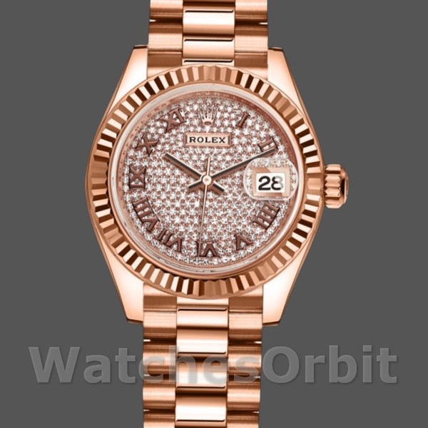 Replica Rolex Datejust-279175 da donna, 28 mm, quadrante con pavé di diamanti, lunetta scanalata, pavé di diamanti da donna