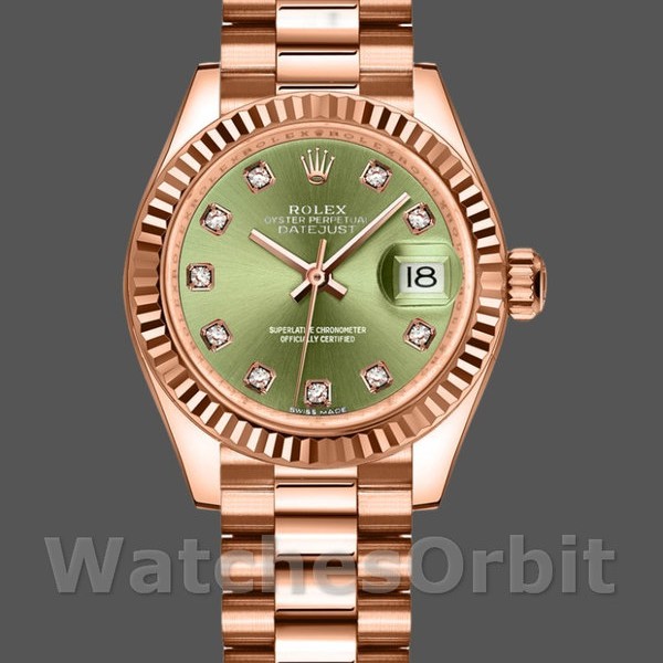 Replica Rolex Datejust-279175 da donna, 28 mm, verde oliva, quadrante con diamanti, lunetta scanalata, Lady verde oliva