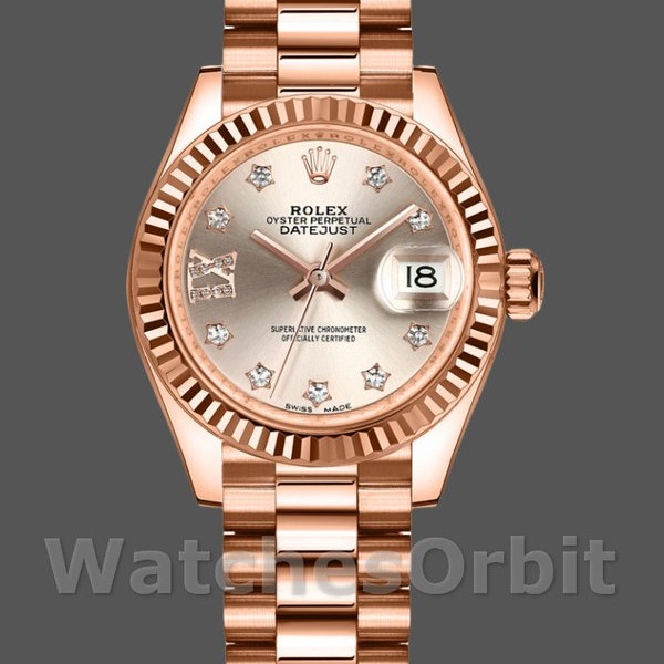 Replica Rolex Datejust-279175 da donna, 28 mm, Sundust, quadrante con diamanti, lunetta scanalata, Lady Sundust