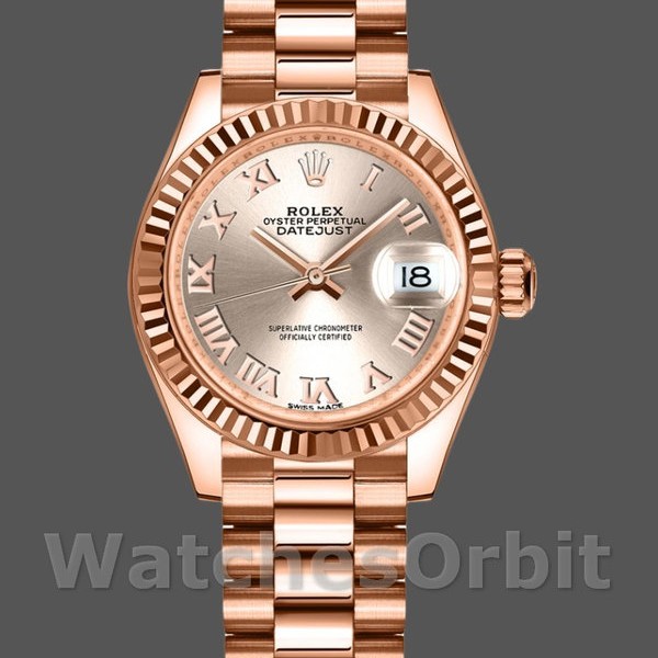 Replica Rolex Datejust-279175 da donna, 28 mm, quadrante con numeri romani Sundust, lunetta scanalata, Lady Sundust