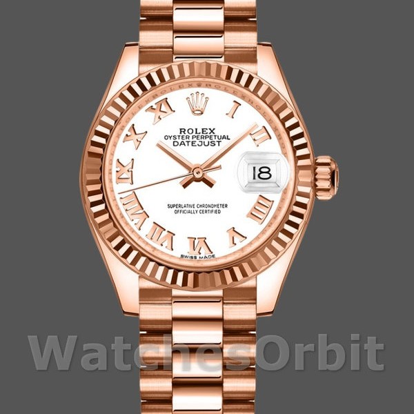 Replica Rolex Datejust-279175 da donna, 28 mm, quadrante bianco con numeri romani, lunetta scanalata, Lady White