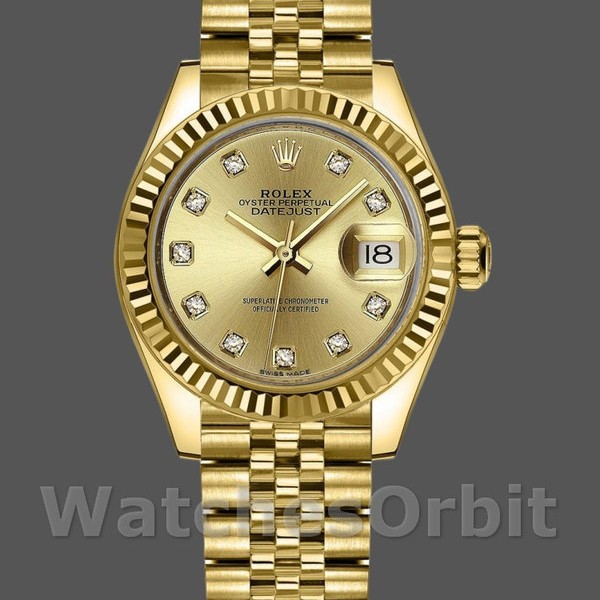 Replica Rolex Datejust-279178 da donna, 28 mm, oro giallo, quadrante con diamanti champagne, Lady Champagne