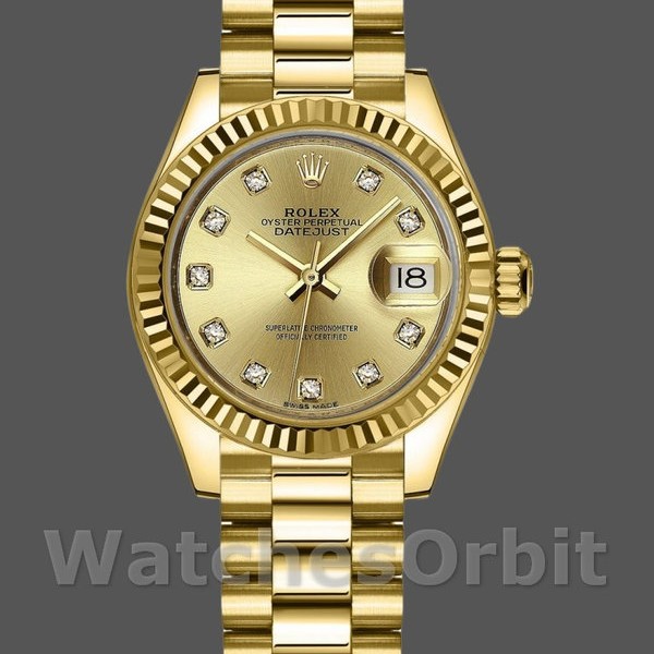 Replica Rolex Datejust donna 279178-28 mm, quadrante champagne, lunetta scanalata, Lady Champagne