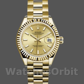 Replica Rolex Datejust donna 279178-28 mm, quadrante champagne, lunetta scanalata, Lady Champagne