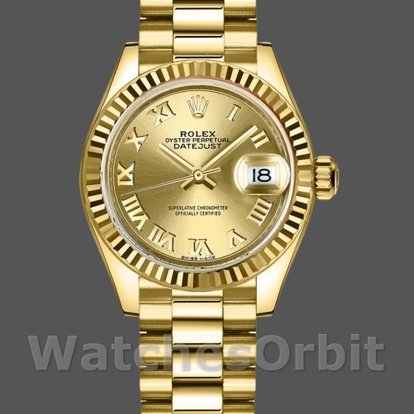 Replica Rolex Datejust donna 279178-28 mm, quadrante romano champagne, lunetta scanalata, Lady Champagne