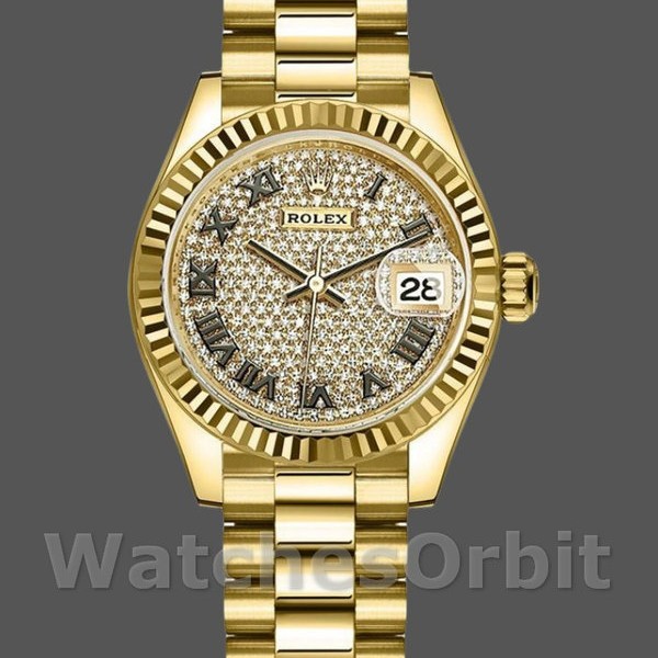 Replica Rolex Datejust-279178 da donna, 28 mm, oro giallo, quadrante con pavé di diamanti, lunetta scanalata, pavé di diamanti per signora