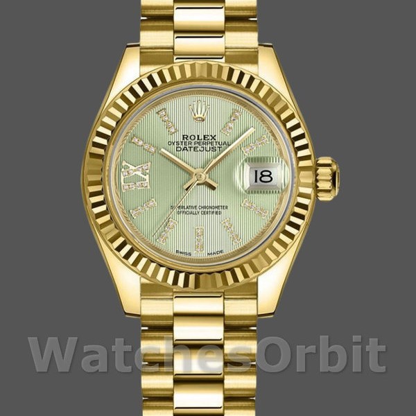 Replica Rolex Datejust-279178 da donna, 28 mm, quadrante verde tiglio, lunetta scanalata, Lady Linden Green