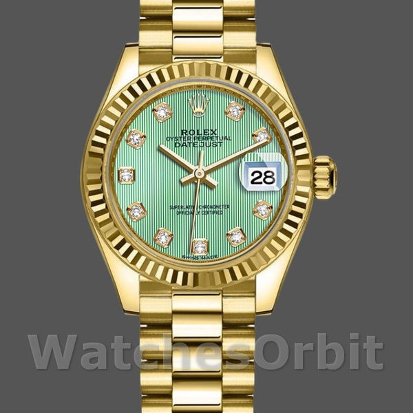 Replica Rolex Datejust donna 279178-28 mm, verde menta, quadrante con diamanti, lunetta scanalata, Lady Mint Green