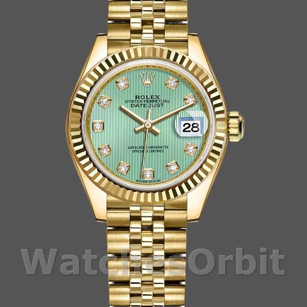 Replica Rolex Datejust-279178 da donna, 28 mm, oro giallo, quadrante verde menta con diamanti, Lady verde menta