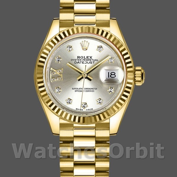 Replica Rolex Datejust-279178 da donna, 28 mm, quadrante argento con diamanti, lunetta scanalata, Lady Silver