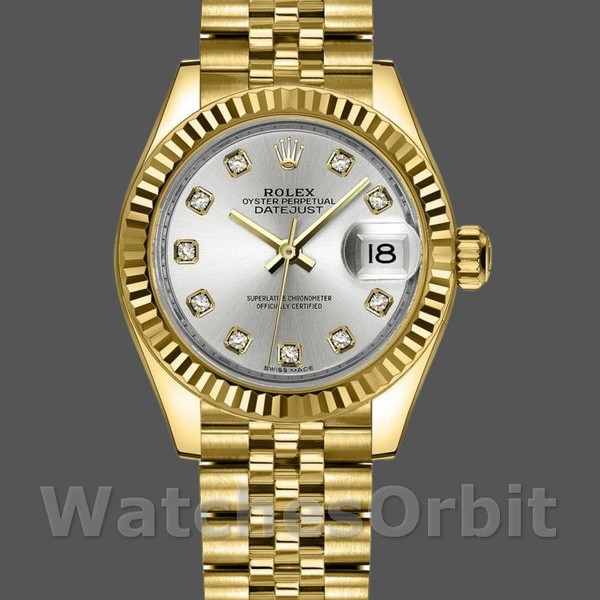 Replica Rolex Datejust donna 279178-28 mm, oro giallo, quadrante argentato con diamanti, Lady Silver