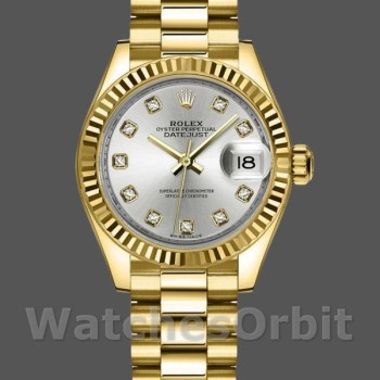 Replica Rolex Datejust-279178 da donna, 28 mm, oro giallo, quadrante argentato con diamanti, lunetta scanalata, Lady Silver
