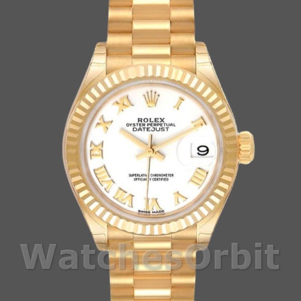 Replica Rolex Datejust-279178 da donna, 28 mm, oro giallo, quadrante romano bianco, lunetta scanalata, Lady White