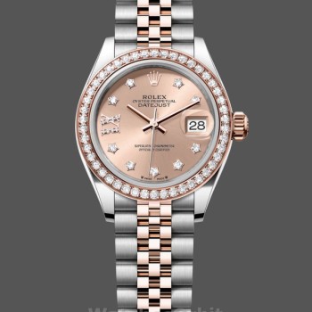 Replica Rolex Datejust 28-m279381RBR, Oystersteel e oro di Everose, quadrante oro rosa da donna