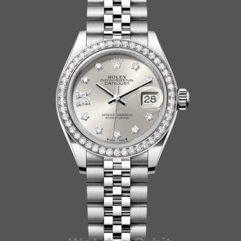Replica Rolex Datejust 28-m279384RBR, quadrante argento, lunetta con diamanti, quadrante argento, Donna