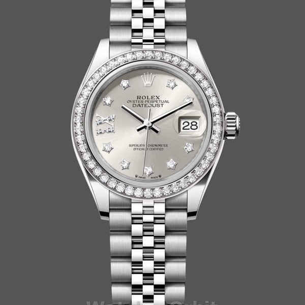 Replica Rolex Datejust 28-m279384RBR, quadrante argento, lunetta con diamanti, quadrante argento, Donna