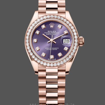Replica Rolex Datejust Donna 28-m279135rbr 0020, Oro Everose, Quadrante con diamanti Aubergine, President, Quadrante viola Donna