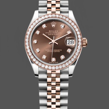 Replica Rolex Datejust 31-M278381RBR 0028, oro rosa, quadrante cioccolato con diamanti, lunetta con diamanti, Donna Chocolate
