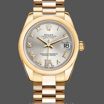Replica Rolex Datejust donna 31-178248, Argento VI, Quadrante di diamanti, Oro giallo 18 carati, Quadrante argento