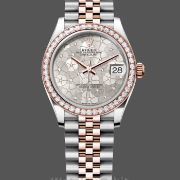 Replica Rolex Datejust 31-m278381rbr da donna, bicolore, motivo floreale argento, lunetta di diamanti, quadrante femminile con motivo floreale argento