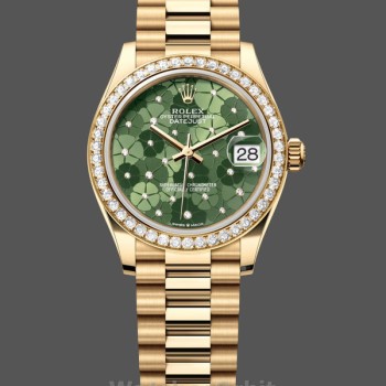 Replica Rolex Datejust 31-M278288RBR 0038 da donna, oro giallo, verde oliva, motivo floreale, lunetta di diamanti, quadrante verde