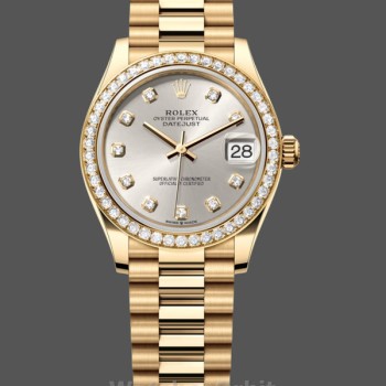 Replica Rolex Datejust 31-M278288RBR 0028, Oro giallo, quadrante argento con diamanti, lunetta con diamanti, quadrante argento da donna