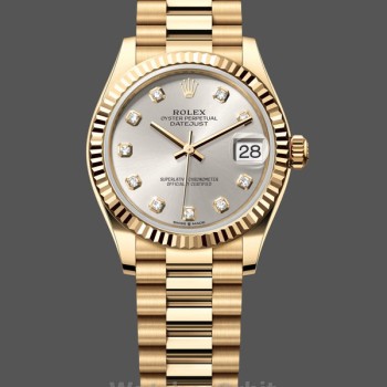 Replica Rolex Datejust 31-M278278 da donna, oro giallo, quadrante argento con diamanti, quadrante argento da donna