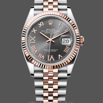 Replica Rolex Datejust 36-m126231 0023, oro Everose, quadrante romano con pavé di diamanti ardesia, quadrante grigio donna