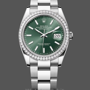 Replica Rolex Datejust 36-M126284RBR 0044, Oro bianco e diamanti, Quadrante verde menta, Quadrante verde donna
