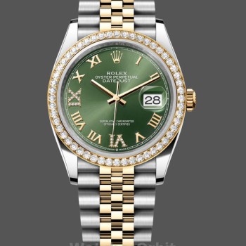 Replica Rolex Datejust 36-m126283rbr 0011, Oro giallo e diamanti, quadrante verde oliva, quadrante verde, quadrante verde