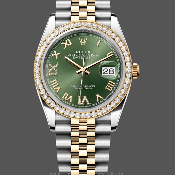 Replica Rolex Datejust 36-m126283rbr 0011, Oro giallo e diamanti, quadrante verde oliva, quadrante verde, quadrante verde
