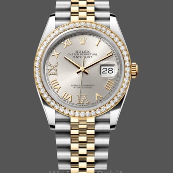 Replica Rolex Datejust 36-m126283rbr 0017, oro giallo e diamanti, quadrante romano con pavé di diamanti, quadrante argento, donna