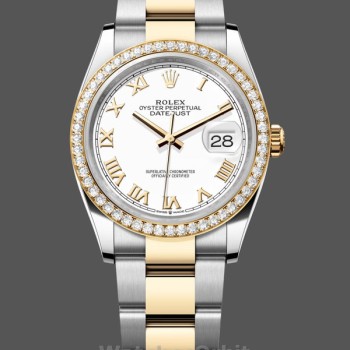Replica Rolex Datejust 36-m126283RBR da donna, acciaio inossidabile e oro giallo, quadrante bianco Roman Oyster bianco