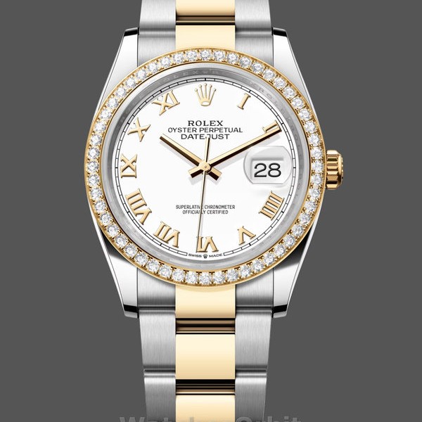 Replica Rolex Datejust 36-m126283RBR da donna, acciaio inossidabile e oro giallo, quadrante bianco Roman Oyster bianco
