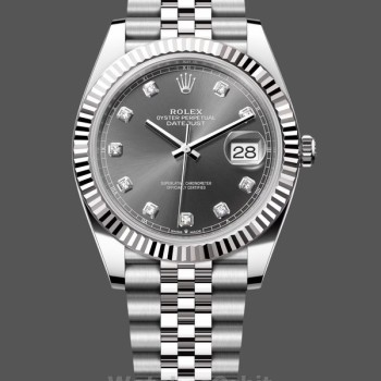 Replica Rolex Datejust 41-m126334 0006, quadrante rodiato con diamanti, lunetta scanalata, quadrante grigio, uomo