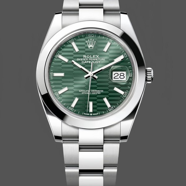 Replica Rolex Datejust 41-126300 0021 da uomo, acciaio, bracciale Oyster, lunetta liscia, quadrante verde