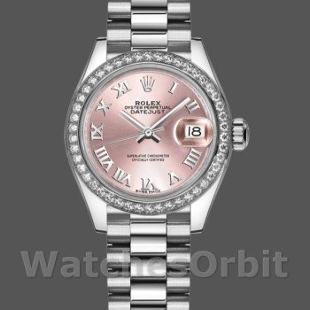 Replica Rolex Datejust 28mm Donna-279136RBR-Ghiera con diamanti-Calendario rosa-Numeri romani-Indici rosa