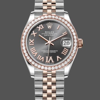 Replica Rolex Datejust Lady 31-278381RBR, oro rosa e acciaio, quadrante ardesia Roman Diamond VI, lunetta di diamanti, bracciale Jubilee, donna ardesia