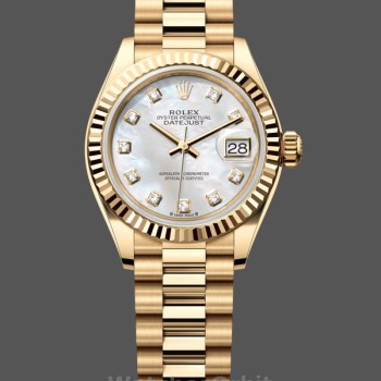 Replica Rolex Datejust-m279178 0025 da donna, 28 mm, oro giallo, quadrante madreperla, lunetta scanalata, Lady MOP