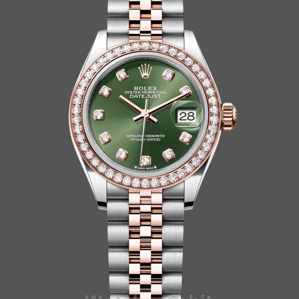 Replica Rolex Datejust-279381RBR 0007 da donna, diamante verde oliva, acciaio e oro rosa, quadrante verde femminile