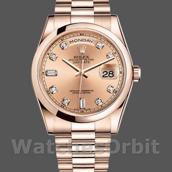 Replica Rolex Day-Date 36mm Unisex-118205-Dal quadrante oro rosa-champagne diamanti Champagne