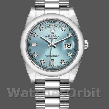 Replica Rolex Day-Date 36 mm Unisex-118206-Comparto blu ghiaccio-Diamante-Platino Blu ghiaccio
