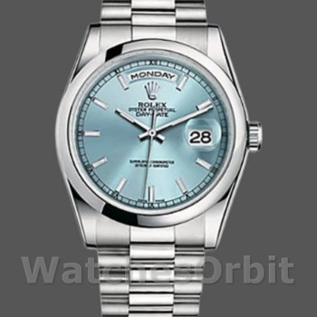 Replica Rolex Day-Date 36 mm Unisex-118206-Calrante blu ghiaccio-Ghiera in platino lucidato Blu ghiaccio