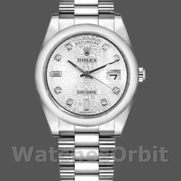 Replica Rolex Day-Date 36mm Unisex-118206-Giubileo-Dal quadrante argentato-Diamanti Argento