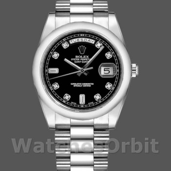 Replica Rolex Day-Date 36mm Unisex-118206-Platino-Calendario nero con diamanti Nero