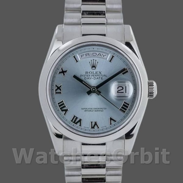 Replica Rolex Day-Date 36mm Unisex-118206-Platino-Calendario blu ghiaccio Unisex-118206-Platino-Calendario blu ghiaccio